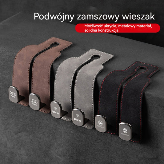 Podwójny hak, większa pojemność 🚗 Wieszak z zamszu Suede 😍 Uporządkuje auto 😊 Możliwość zmiany logo.