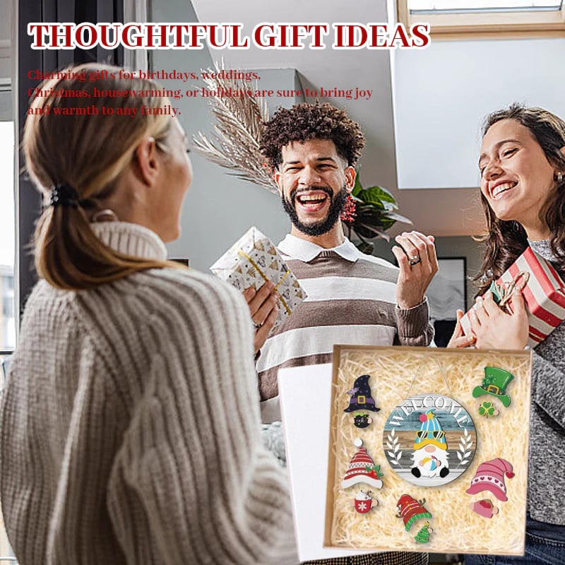 🍁Najlepsze dekoracje świąteczne🎄Wymienny drewniany znak powitalny z krasnalem🎈