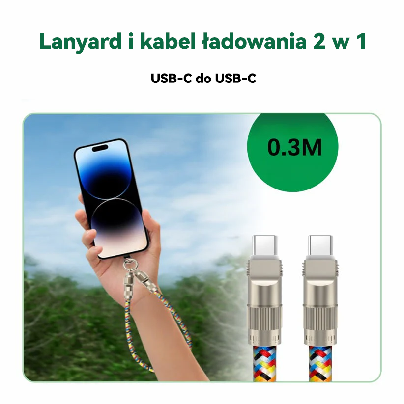 🔥🔥2 w 1: Sznurek do telefonu + Kabel do ładowania, kompatybilny z interfejsami USB-C do USB-C oraz USB-C do Lightning.