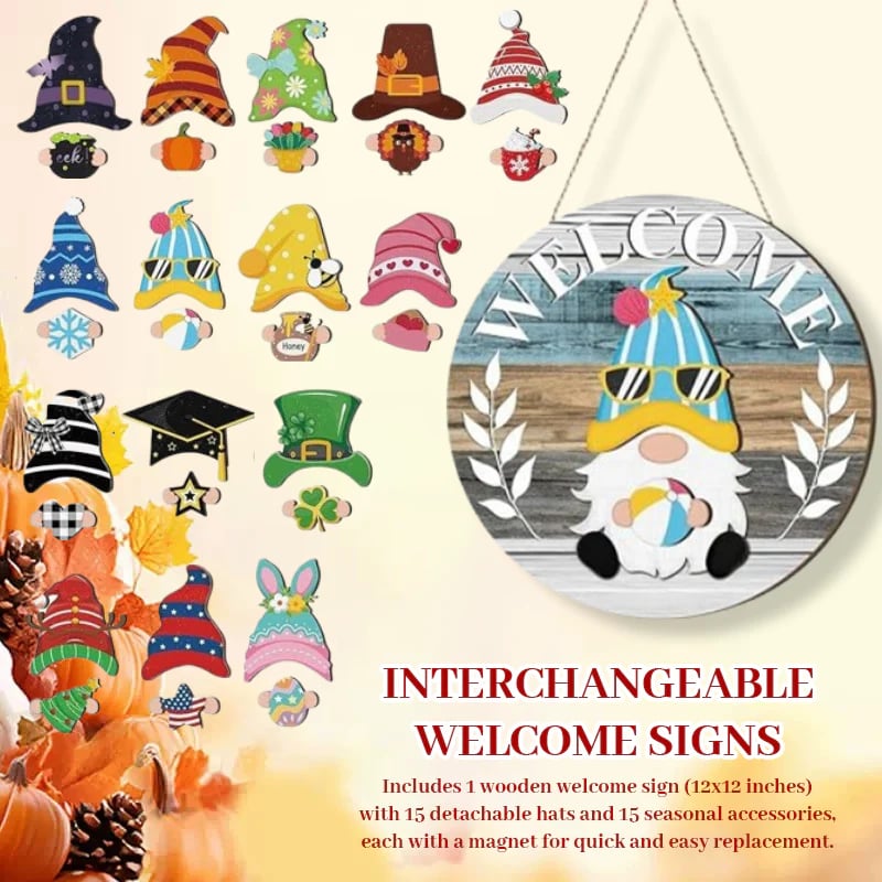 🍁Najlepsze dekoracje świąteczne🎄Wymienny drewniany znak powitalny z krasnalem🎈