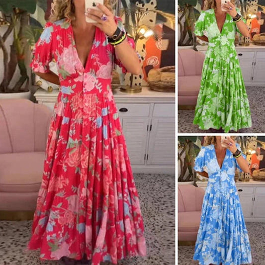 Kup 2, oszczędź 30%!✨Stylowa drukowana sukienka z dekoltem w szpic - z kieszeniami