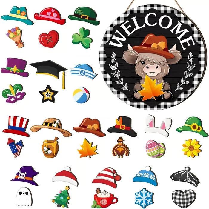 🍁Najlepsze dekoracje świąteczne🎄Wymienny drewniany znak powitalny z krasnalem🎈