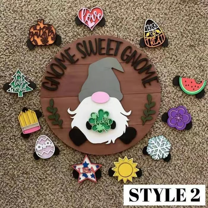 🍁Najlepsze dekoracje świąteczne🎄Wymienny drewniany znak powitalny z krasnalem🎈