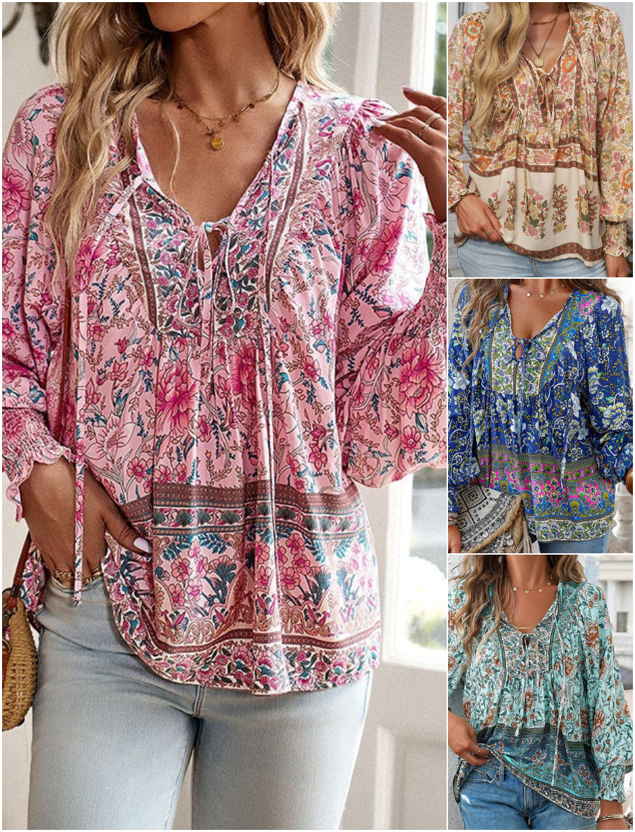 🌺Damska modna koszulka z nadrukiem z dekoltem w szpic 2025 nowość