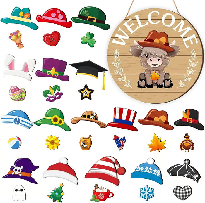 🍁Najlepsze dekoracje świąteczne🎄Wymienny drewniany znak powitalny z krasnalem🎈