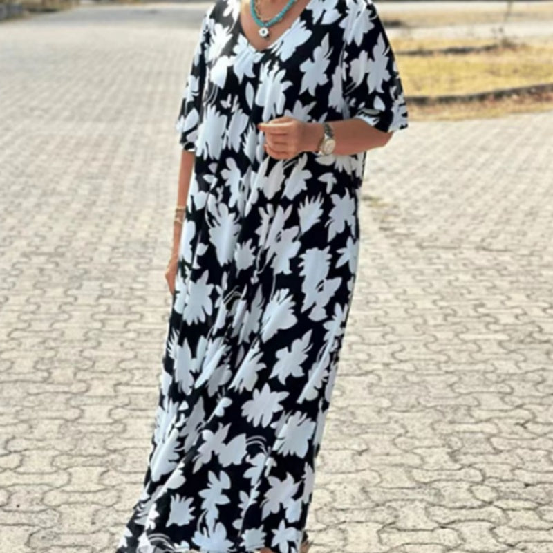 🌸Damska modna luźna spódnica z długim dekoltem w serek z nadrukiem