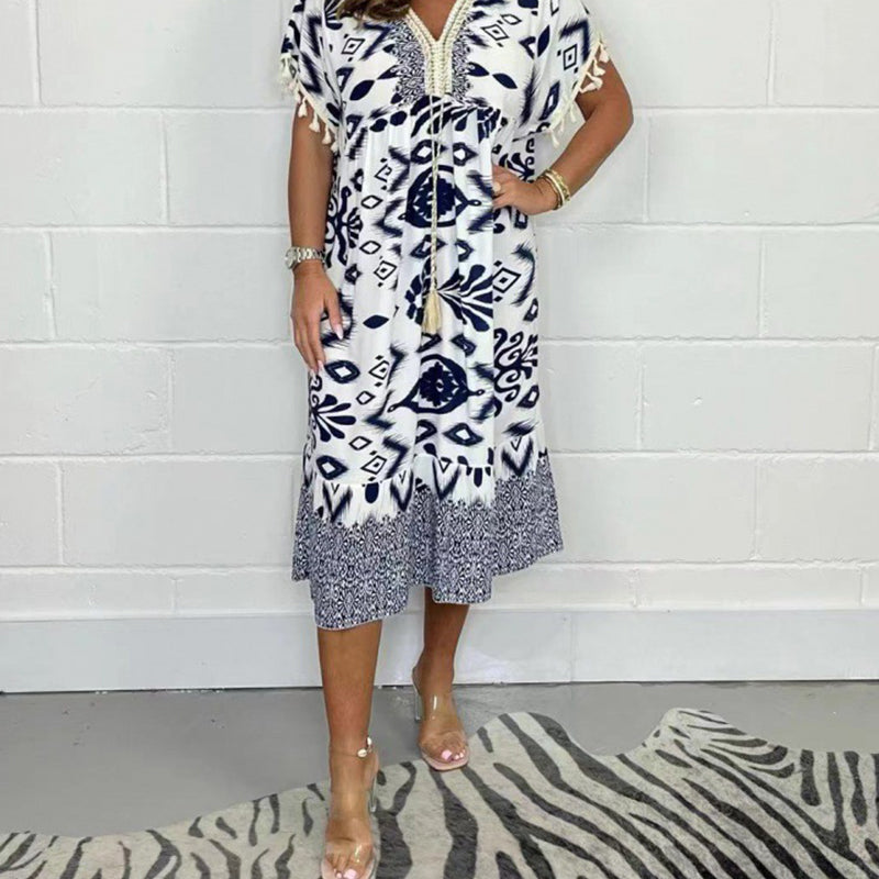 🔥👗Sukienka casualowa z nadrukiem, dekoltem w serek i frędzlami na krótkich rękawach