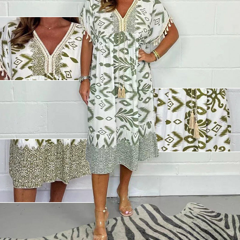 🔥👗Sukienka casualowa z nadrukiem, dekoltem w serek i frędzlami na krótkich rękawach