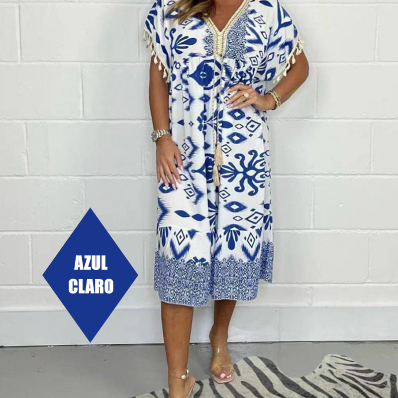 🔥👗Sukienka casualowa z nadrukiem, dekoltem w serek i frędzlami na krótkich rękawach