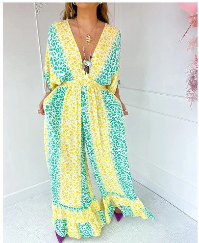 💃2025 Wielokolorowa sukienka z dekoltem w panterkę💝