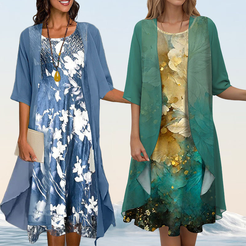 😍Elegancki 2-częściowy zestaw: bluzka z półrękawkiem + sukienka