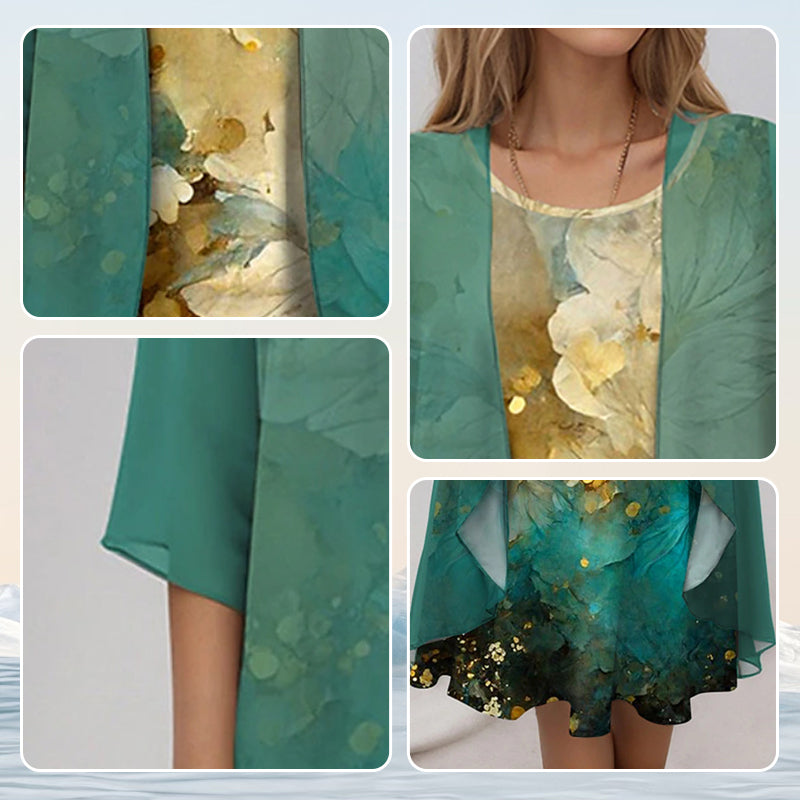 😍Elegancki 2-częściowy zestaw: bluzka z półrękawkiem + sukienka