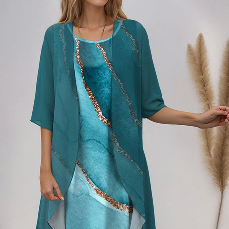 😍Elegancki 2-częściowy zestaw: bluzka z półrękawkiem + sukienka