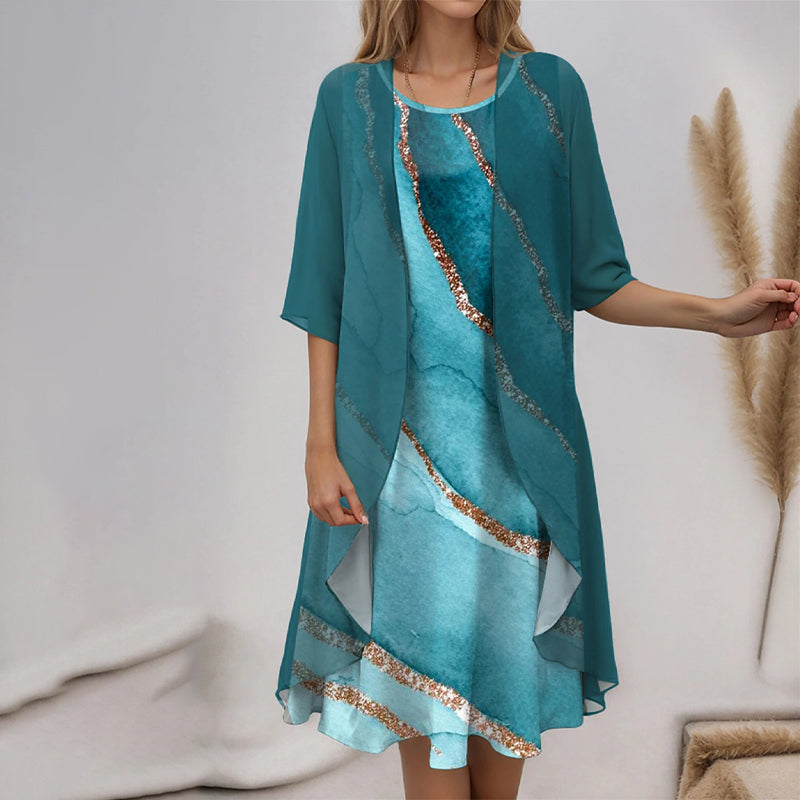 😍Elegancki 2-częściowy zestaw: bluzka z półrękawkiem + sukienka