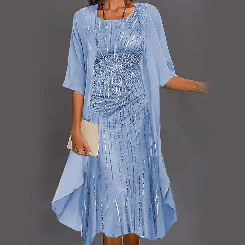 😍Elegancki 2-częściowy zestaw: bluzka z półrękawkiem + sukienka