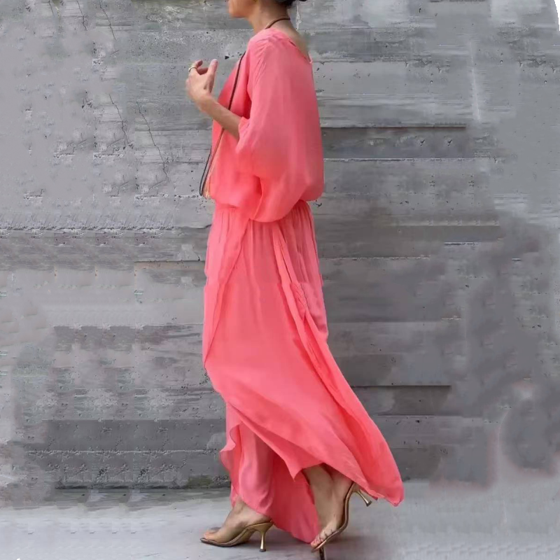 Luźny top i rozcięte spodnie z szerokimi nogawkami Szyfonowy zestaw dwuczęściowy