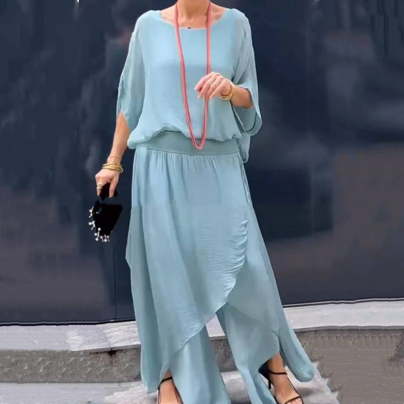 Luźny top i rozcięte spodnie z szerokimi nogawkami Szyfonowy zestaw dwuczęściowy