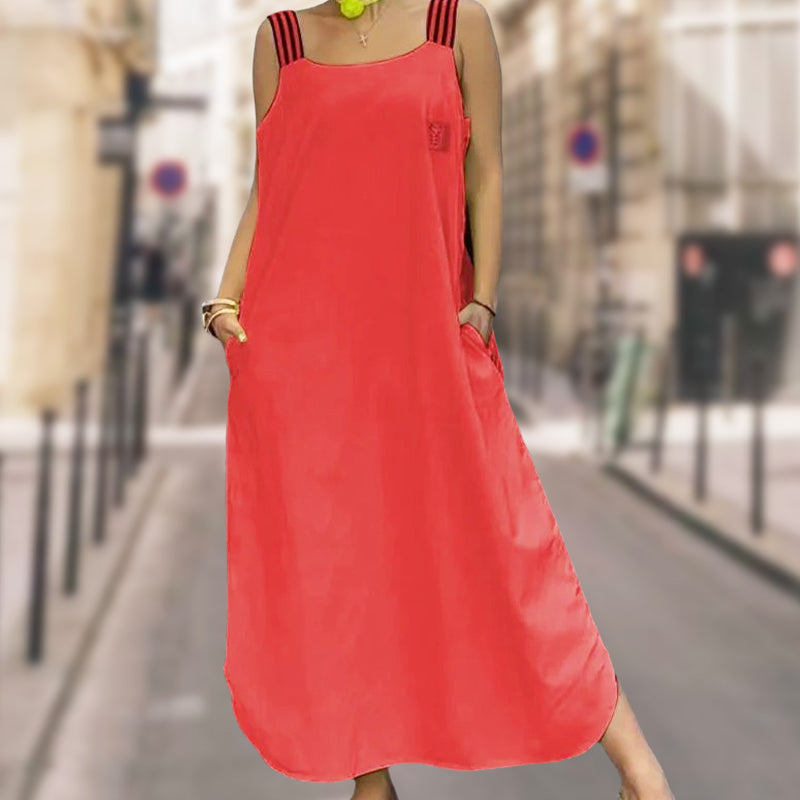 👗Sukienka z bawełnianego płótna z szerokimi kieszeniami na ramiączkach