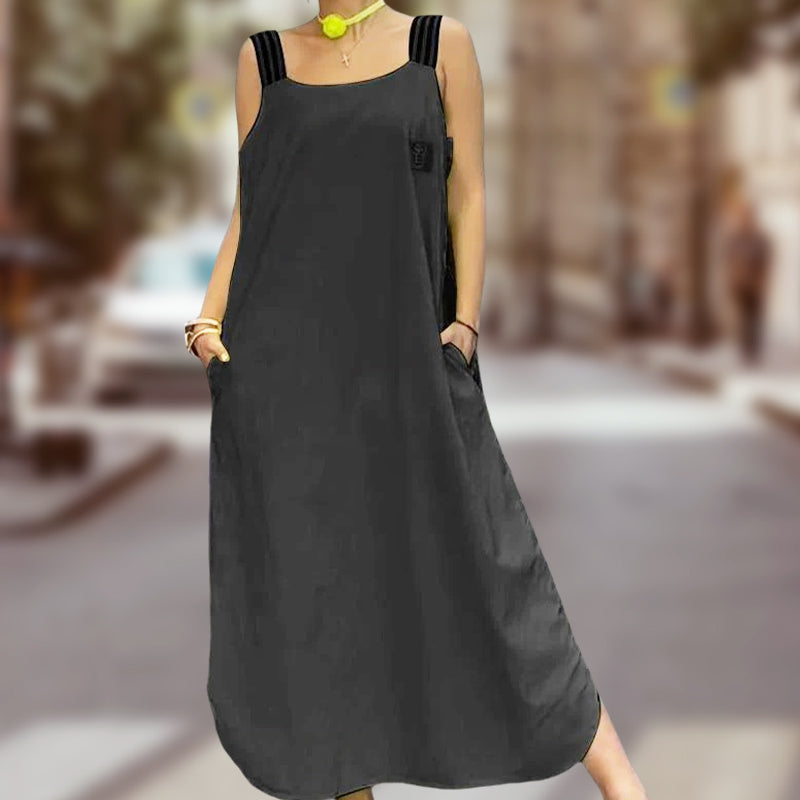 👗Sukienka z bawełnianego płótna z szerokimi kieszeniami na ramiączkach