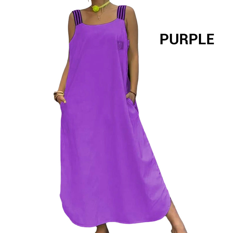 👗Sukienka z bawełnianego płótna z szerokimi kieszeniami na ramiączkach