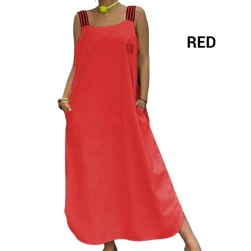 👗Sukienka z bawełnianego płótna z szerokimi kieszeniami na ramiączkach