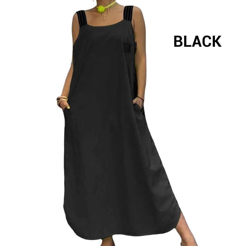 👗Sukienka z bawełnianego płótna z szerokimi kieszeniami na ramiączkach