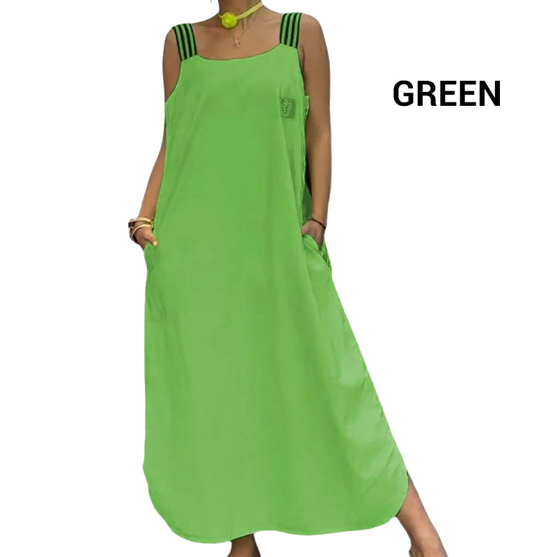 👗Sukienka z bawełnianego płótna z szerokimi kieszeniami na ramiączkach