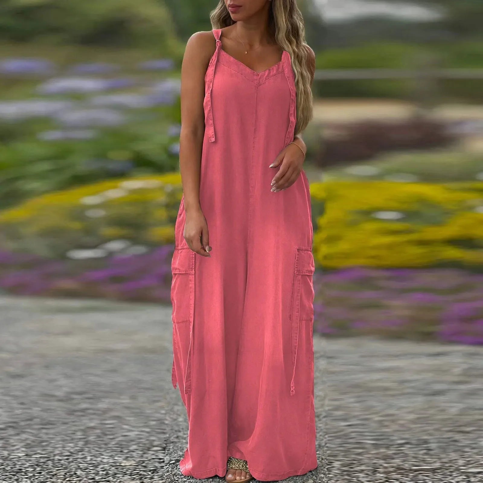 Luźny kombinezon damski z szerokimi nogawkami i kieszeniami