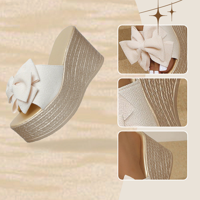 Damskie klapki na koturnie z kokardą i grubą podeszwą