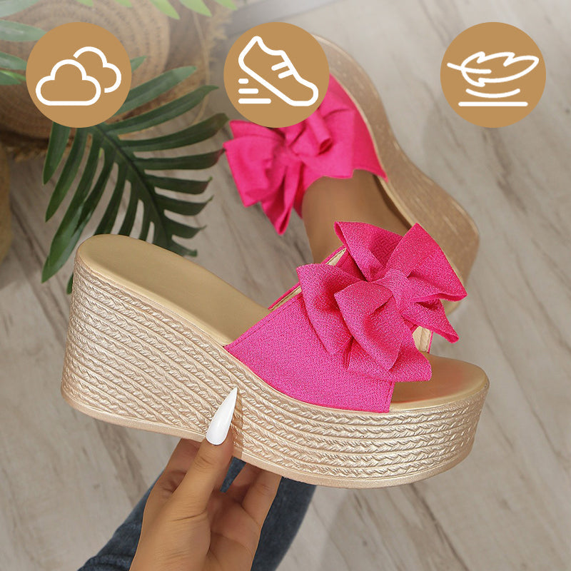 Damskie klapki na koturnie z kokardą i grubą podeszwą