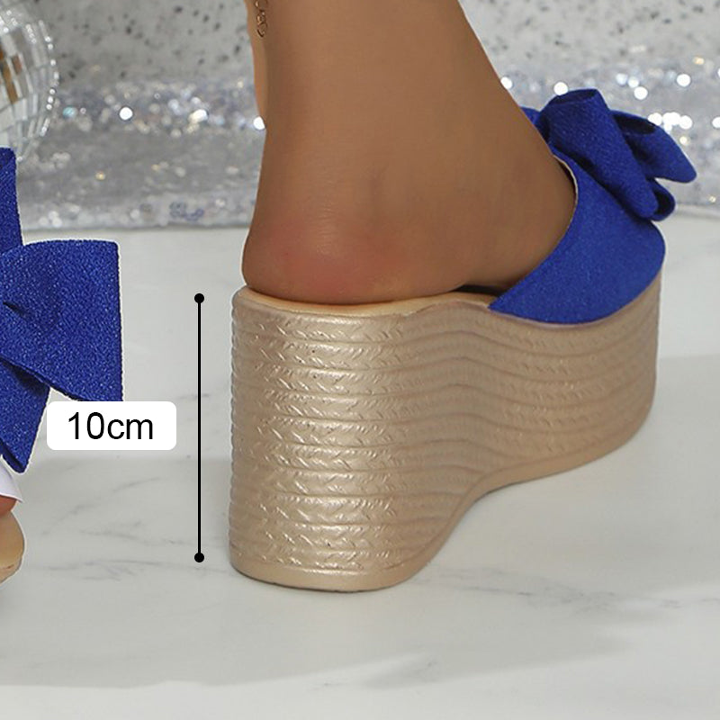 Damskie klapki na koturnie z kokardą i grubą podeszwą