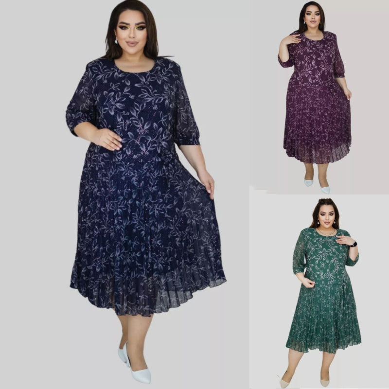 💖Sukienka w dużych rozmiarach z okrągłym dekoltem i rękawami 3/4