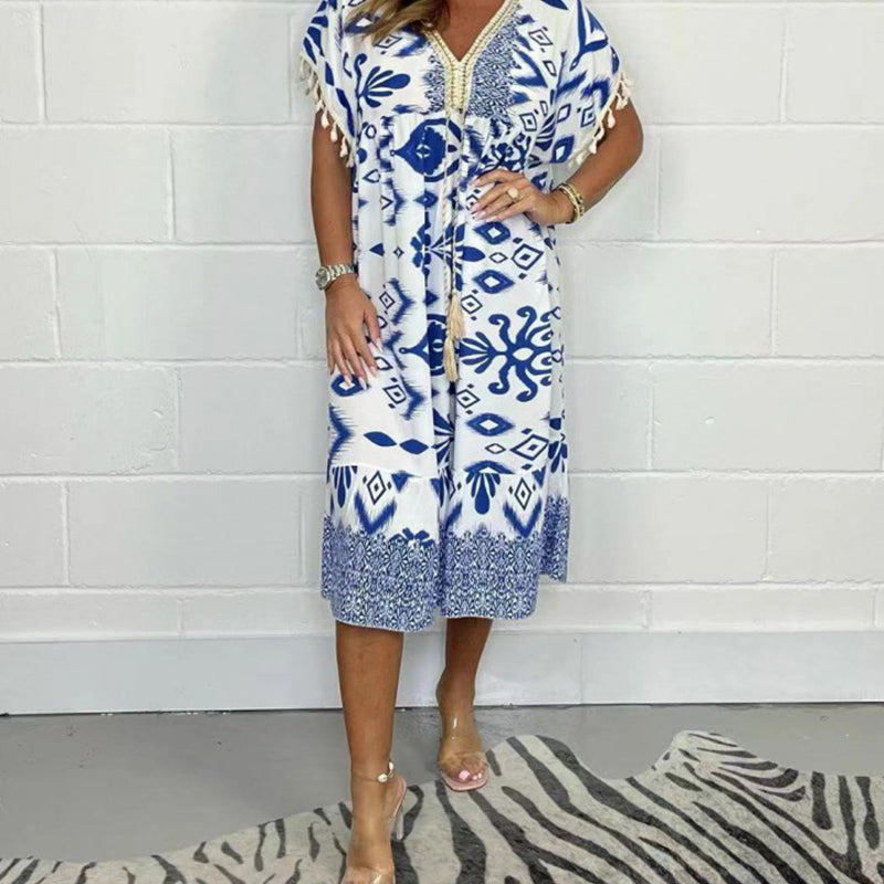 🔥👗Sukienka casualowa z nadrukiem, dekoltem w serek i frędzlami na krótkich rękawach