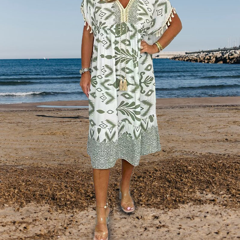 🔥👗Sukienka casualowa z nadrukiem, dekoltem w serek i frędzlami na krótkich rękawach