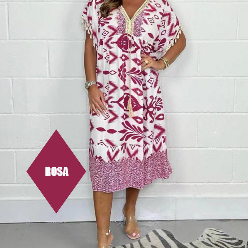 🔥👗Sukienka casualowa z nadrukiem, dekoltem w serek i frędzlami na krótkich rękawach