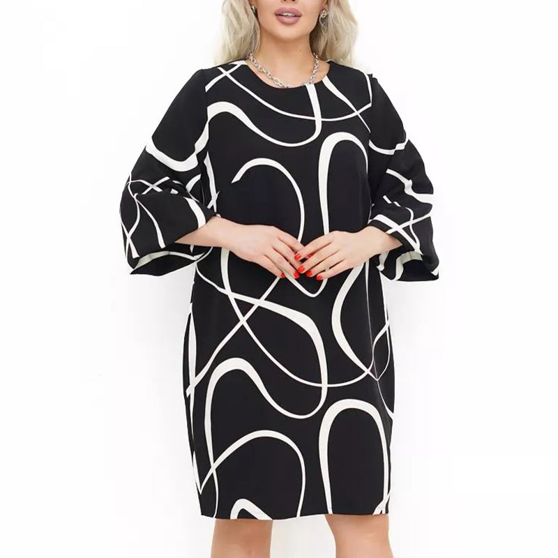 🌸 Sukienka z nadrukiem z okrągłym dekoltem i rękawem siedem czwartych