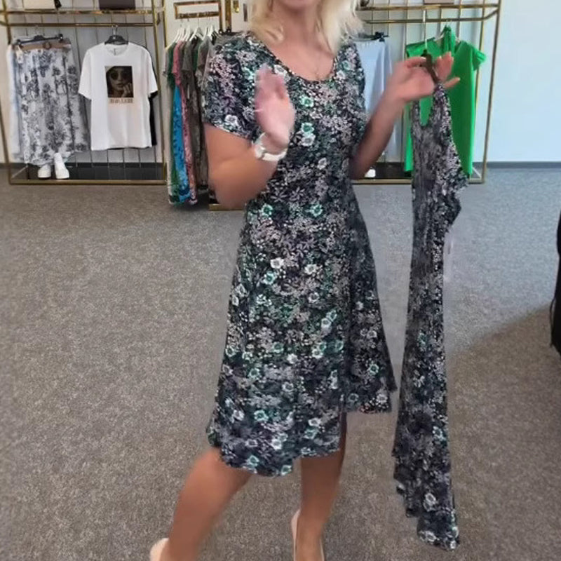 Damska sukienka z nadrukiem kwiatowym z dekoltem w szpic