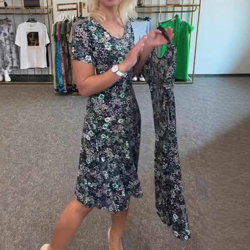 Damska sukienka z nadrukiem kwiatowym z dekoltem w szpic