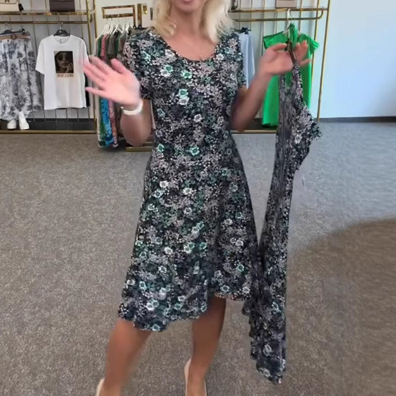 Damska sukienka z nadrukiem kwiatowym z dekoltem w szpic