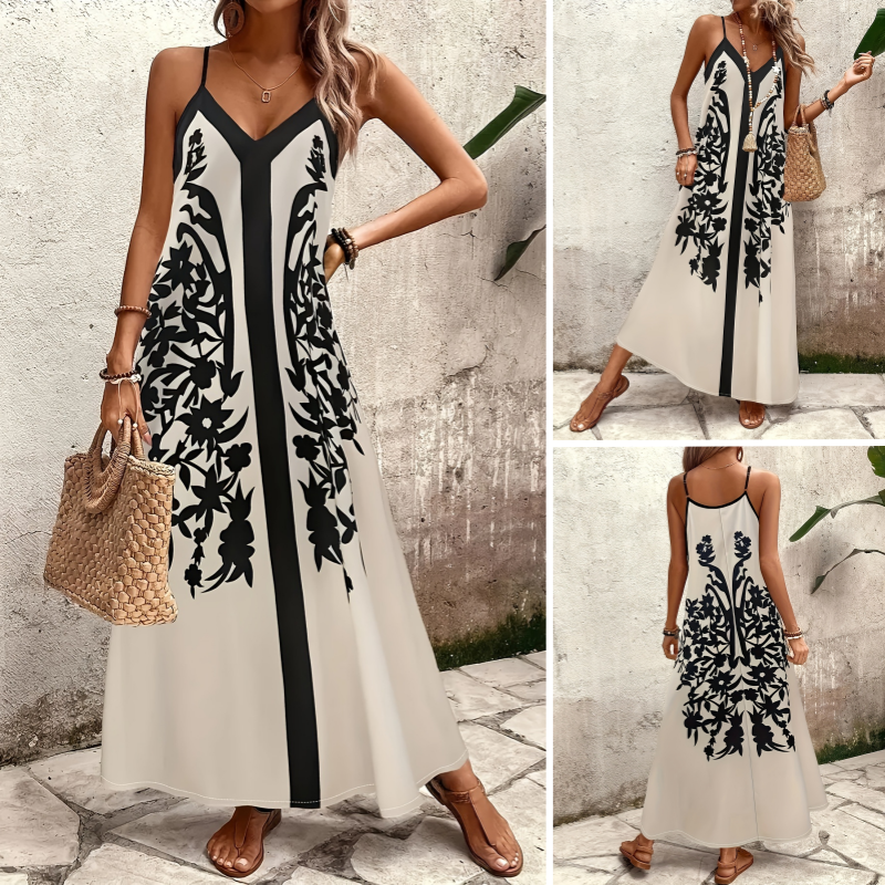 Długa, zwiewna sukienka maxi na cienkich ramiączkach