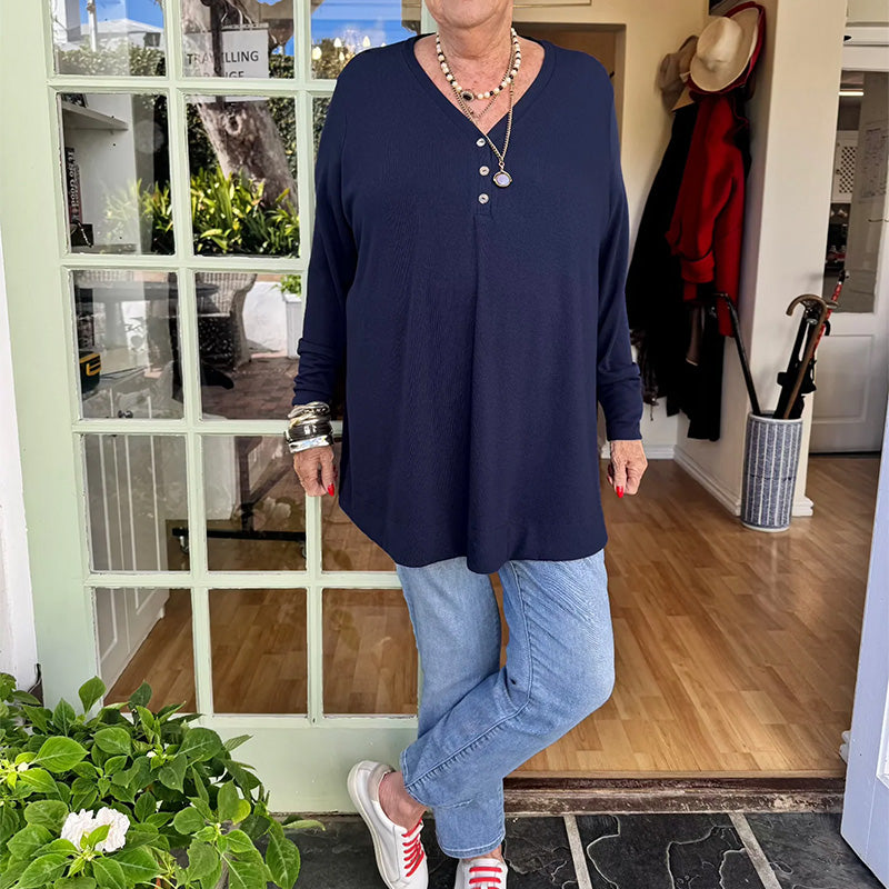 🍂 💜 Damowa koszula zapinana na guziki, dekolt w szpic, długie rękawy