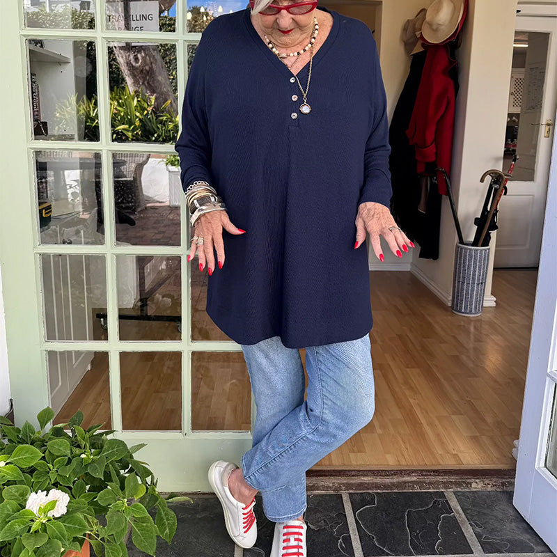 🍂 💜 Damowa koszula zapinana na guziki, dekolt w szpic, długie rękawy