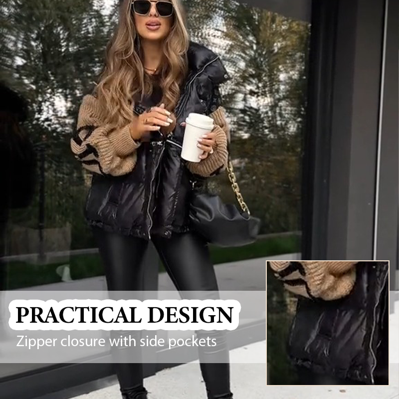 🔥🔥Damowa kurtka puchowa z kapturem i rękawami z dzianiny patchworkowej