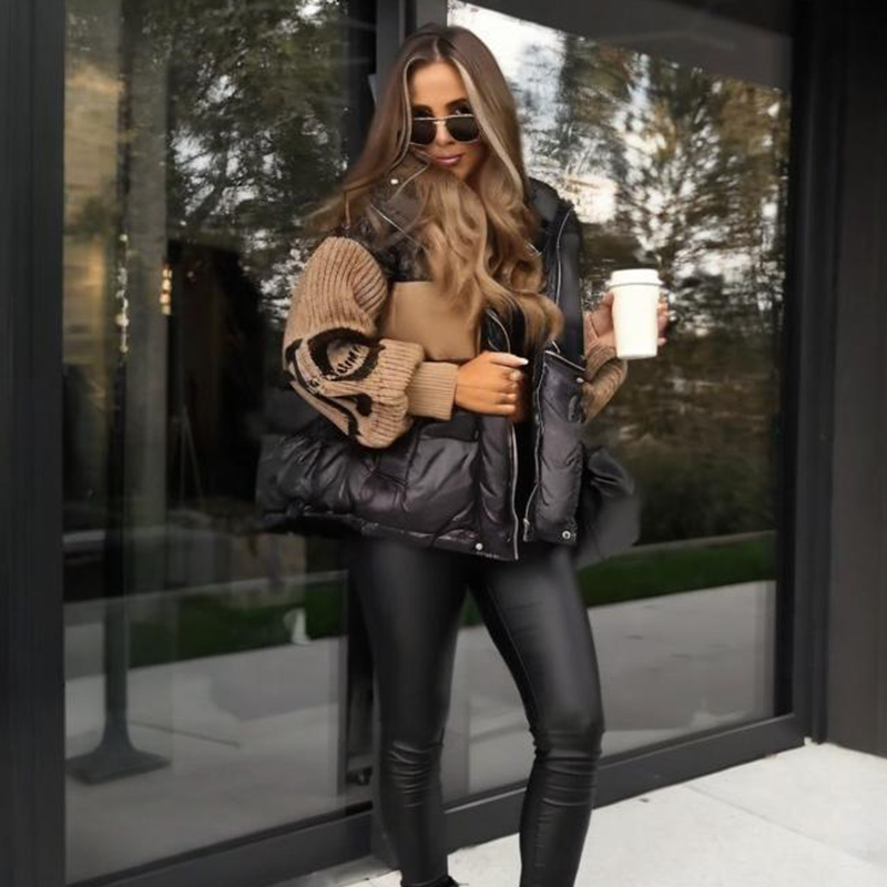 🔥🔥Damowa kurtka puchowa z kapturem i rękawami z dzianiny patchworkowej