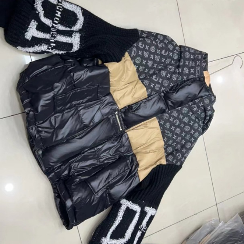 🔥🔥Damowa kurtka puchowa z kapturem i rękawami z dzianiny patchworkowej